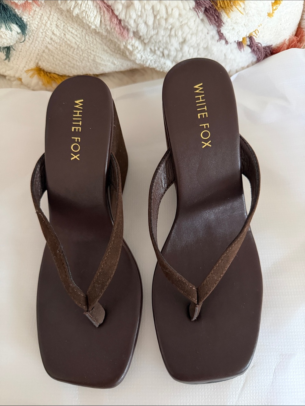 White Fox Brown Square-Toe Wedge Flip Sandals